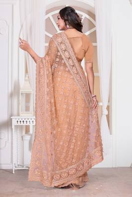 Peach resham zari embroidery work net party wear saree 3