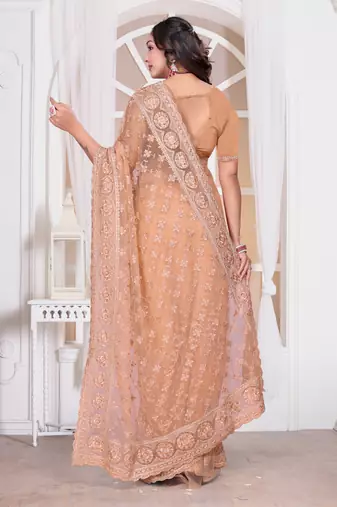 Peach resham zari embroidery work net party wear saree