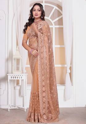 Peach resham zari embroidery work net party wear saree 4
