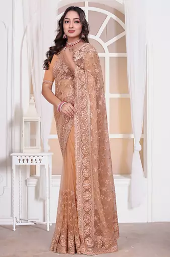 Peach resham zari embroidery work net party wear saree