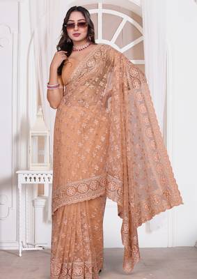 Peach resham zari embroidery work net party wear saree 5