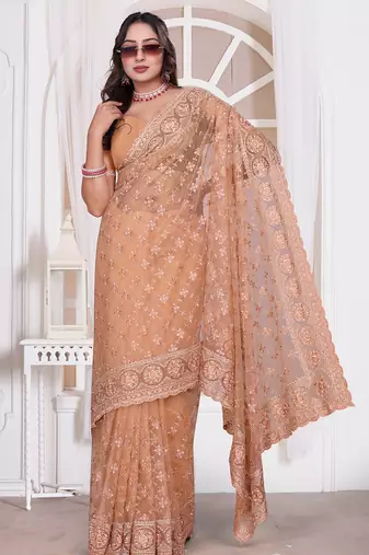 Peach resham zari embroidery work net party wear saree