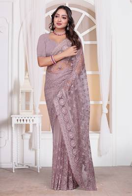 Lavender resham zari embroidery work net party wear saree 1