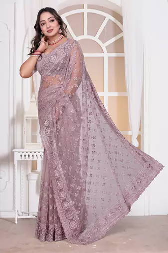 Lavender resham zari embroidery work net party wear saree