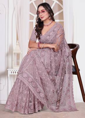 Lavender resham zari embroidery work net party wear saree 5