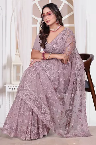 Lavender resham zari embroidery work net party wear saree