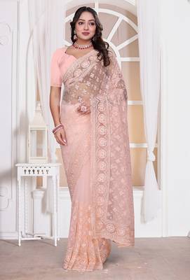 Light peach resham zari embroidery work net party wear saree 1