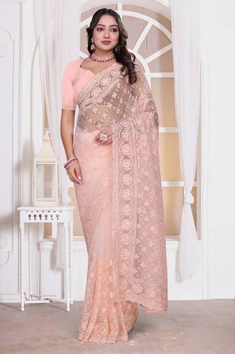 Light peach resham zari embroidery work net party wear saree