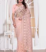 Light peach resham zari embroidery work net party wear saree