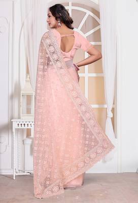 Light peach resham zari embroidery work net party wear saree 3