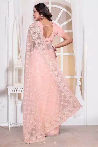 Light peach resham zari embroidery work net party wear saree
