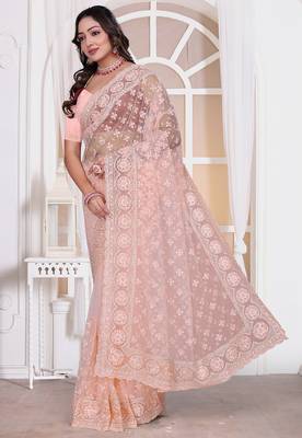 Light peach resham zari embroidery work net party wear saree 4