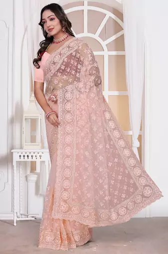 Light peach resham zari embroidery work net party wear saree