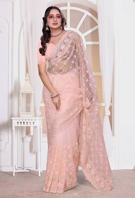 Light peach resham zari embroidery work net party wear saree 5