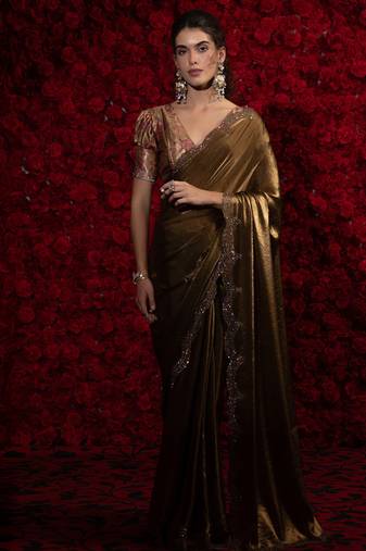 Gold heavy handwork zarkan embroidery two tone silk saree