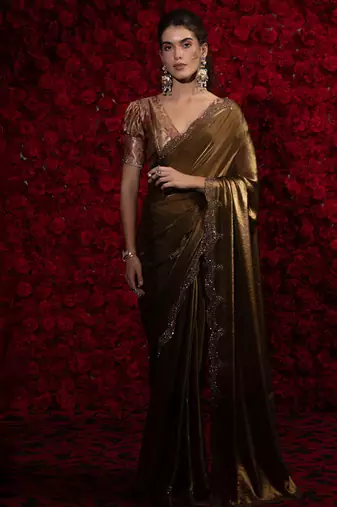 Gold heavy handwork zarkan embroidery two tone silk saree