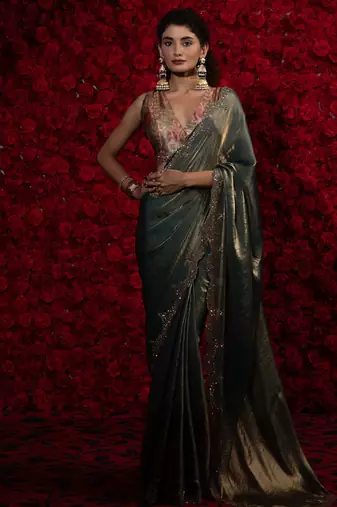 Grey handwork zarkan embroidery two tone silk blend saree