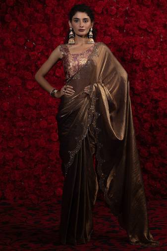 Beige handwork zarkan embroidery two tone silk blend saree