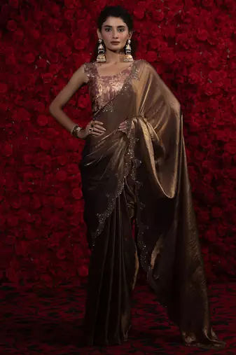 Beige handwork zarkan embroidery two tone silk blend saree