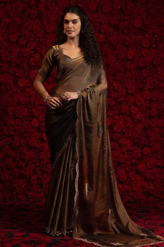 Golden designer heavy zarkan handwork embroidery silk saree
