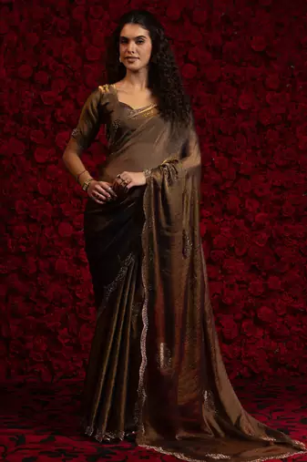 Golden designer heavy zarkan handwork embroidery silk saree