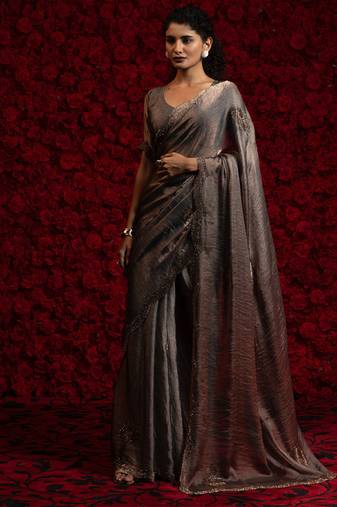 Grey zarkan handwork embroidery silk blend saree