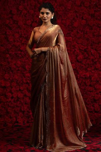 Peach zarkan handwork embroidery silk blend saree
