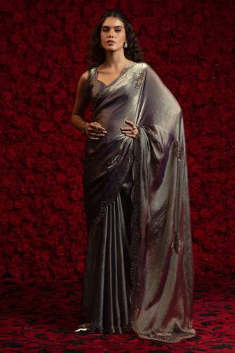 Gray zarkan handwork embroidery silk blend saree