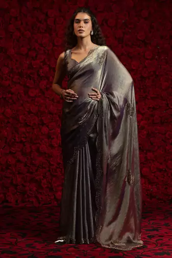Gray zarkan handwork embroidery silk blend saree