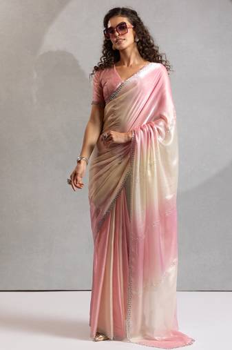 Pink heavy zarkan handwork with beads two tone silk saree