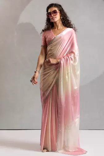 Pink heavy zarkan handwork with beads two tone silk saree