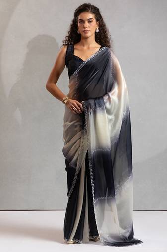 Black beads zarkan handwork two tone silk blend saree