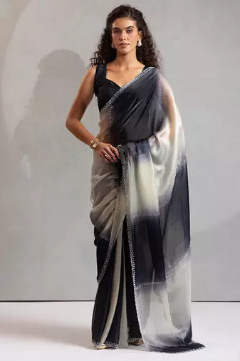 Black beads zarkan handwork two tone silk blend saree