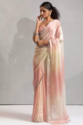Peach beads zarkan handwork two tone silk blend saree