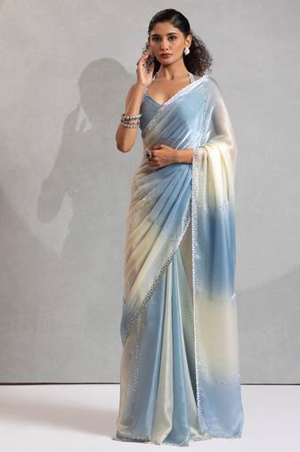 Firozi beads zarkan handwork two tone silk blend saree