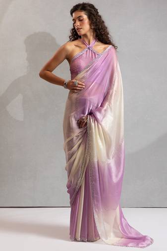Purple beads zarkan handwork two tone silk blend saree