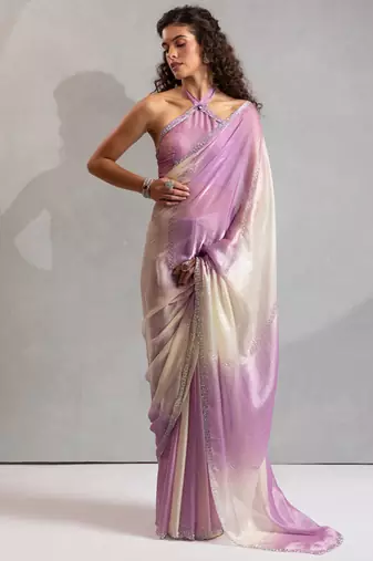 Purple beads zarkan handwork two tone silk blend saree