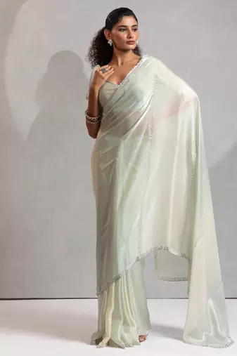 Pista green beads zarkan handwork two tone silk blend saree
