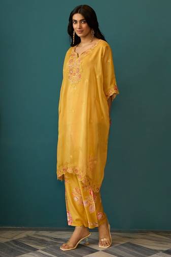 Aster amber yellow embroidered blended cotton co ord sets