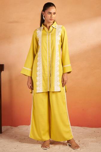 Hardik canary yellow embroidered cotton co ord sets