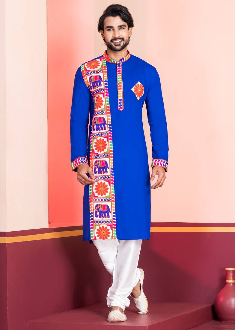 Blue Embroidered Faux Rayon navratri special kurta set
