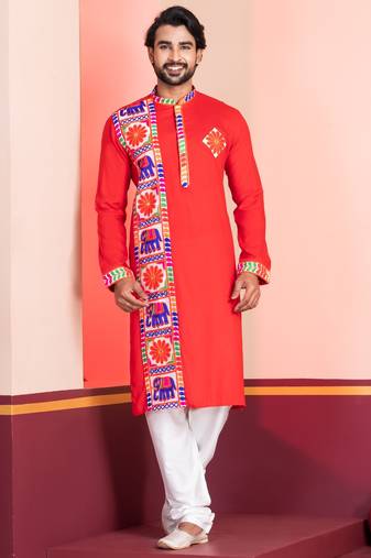 Red Embroidered Faux Rayon navratri special kurta set