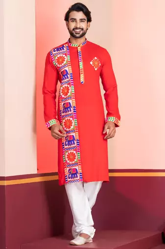 Red Embroidered Faux Rayon navratri special kurta set