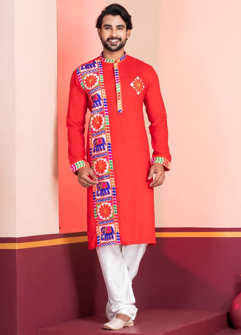 Red Embroidered Faux Rayon navratri special kurta set