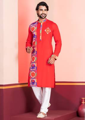 Red Embroidered Faux Rayon navratri special kurta set 3