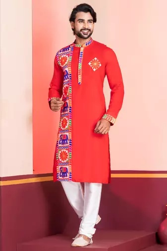 Red Embroidered Faux Rayon navratri special kurta set
