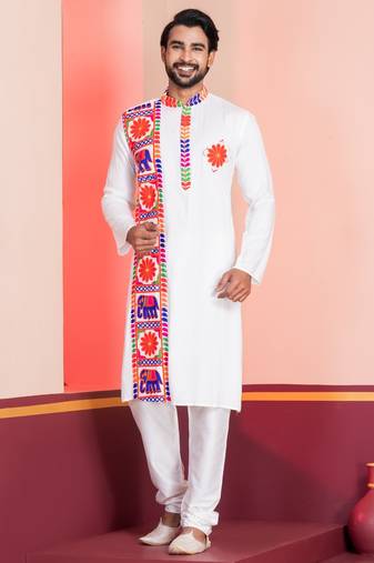 White Embroidered Faux Rayon navratri special kurta set