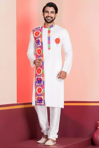 White Embroidered Faux Rayon navratri special kurta set