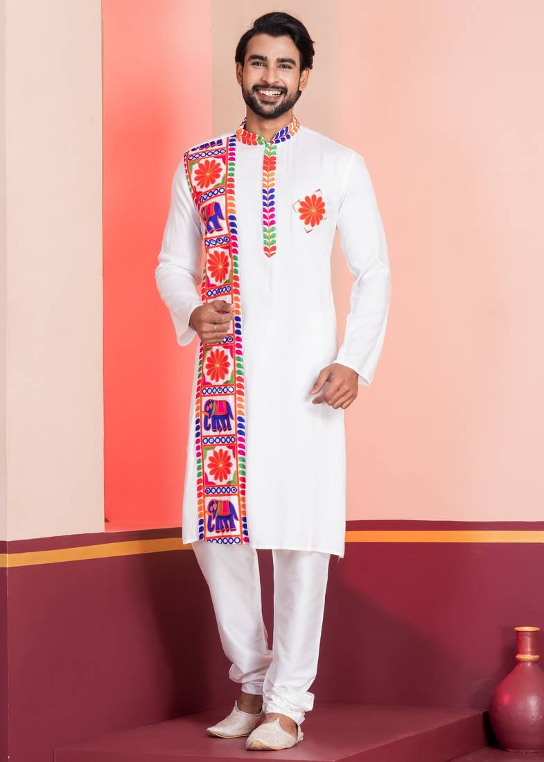 White Embroidered Faux Rayon navratri special kurta set