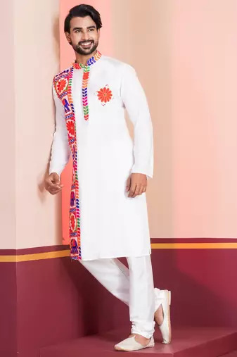 White Embroidered Faux Rayon navratri special kurta set